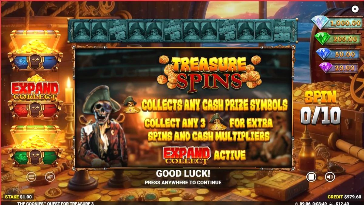Tampilan antarmuka seluler slot The Goonies Quest for Treasure 3 yang menampilkan karakter ikonik dan elemen petualangan.