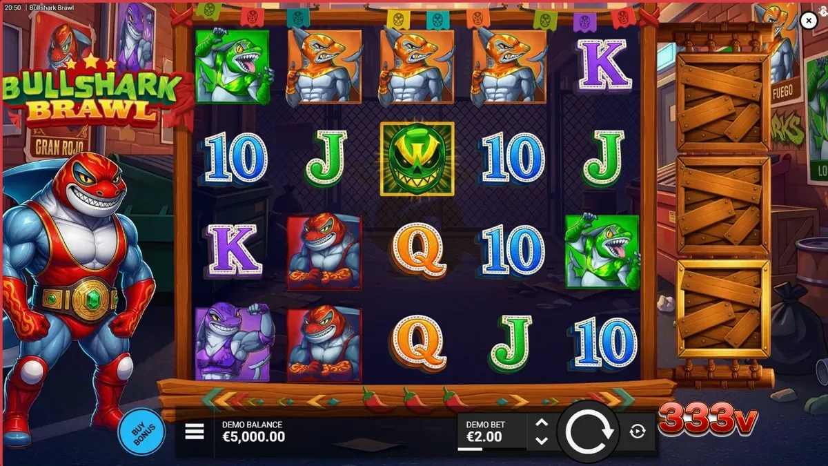 Tampilan visual slot Bullshark Brawl dengan tema hiu pegulat luchador